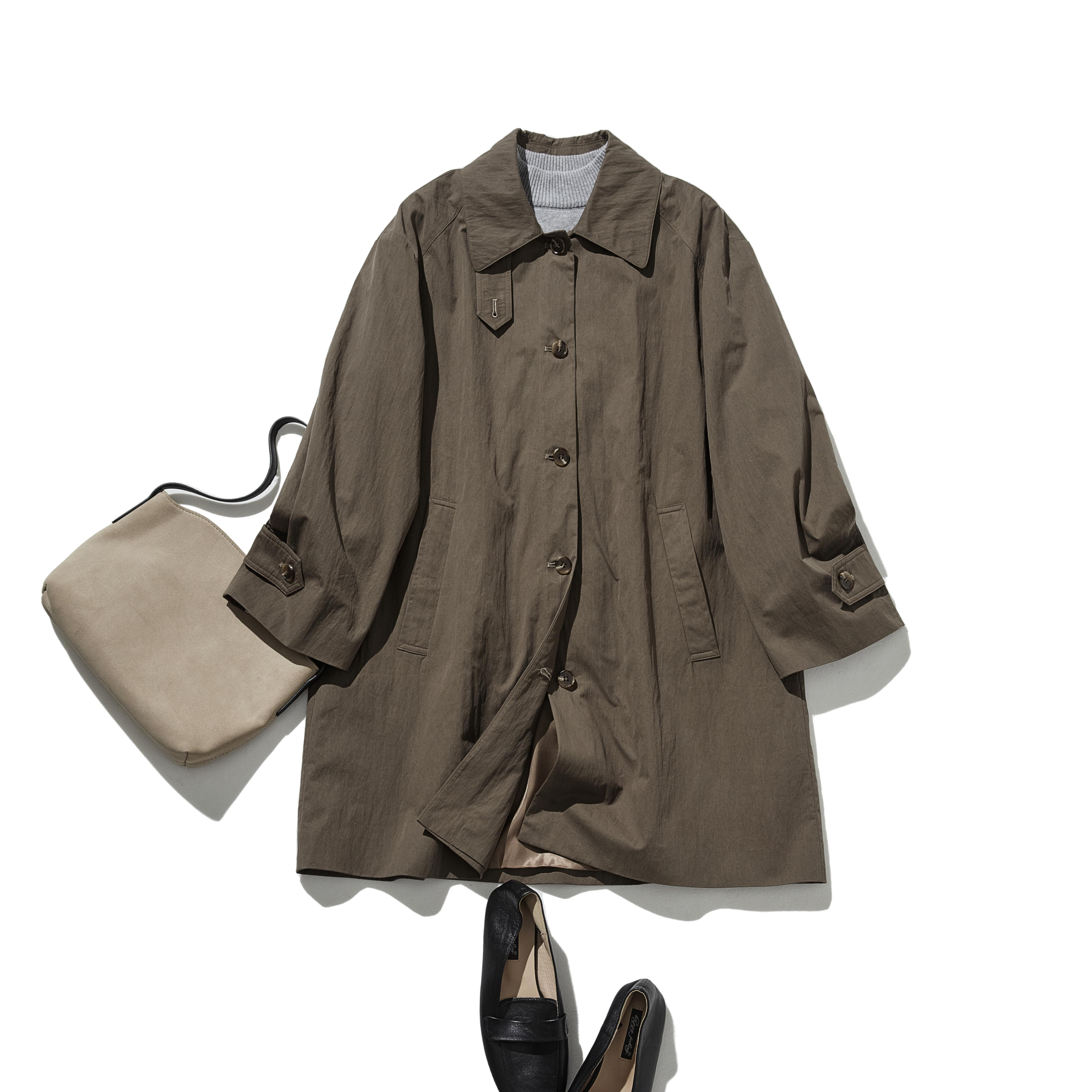 ロングシーズン着まわせる優秀アイテム　トレンチコート　ミドル丈コート　濃い茶色　251003-3