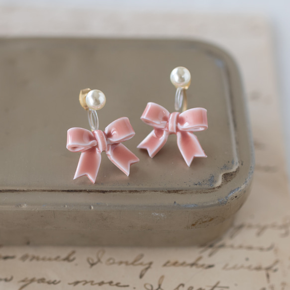 【秋冬限定】リボンキャッチ / ピアス /ノンホール / ルミナスレッド 13枚目の画像