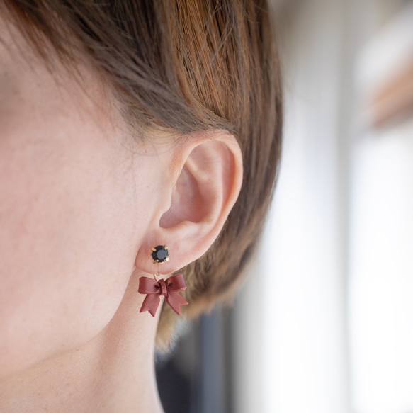 【秋冬限定】リボンキャッチ / ピアス /ノンホール / ルミナスレッド 3枚目の画像