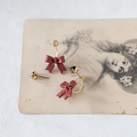 【秋冬限定】リボンキャッチ / ピアス /ノンホール / ルミナスレッド 5枚目の画像