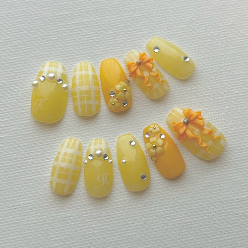 030］ 黄色担当向け♡推し色ネイル 推し活ネイル リボンネイル 量産型