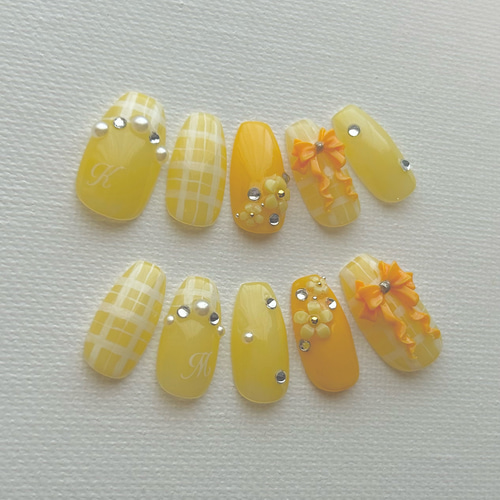 030］ 黄色担当向け♡推し色ネイル 推し活ネイル リボンネイル 量産型