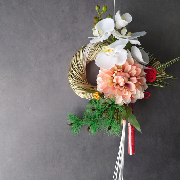 壽ダリア【ダリア・松竹梅・胡蝶蘭】2026年仕様しめ縄飾り『超早割祭2025』　 3枚目の画像