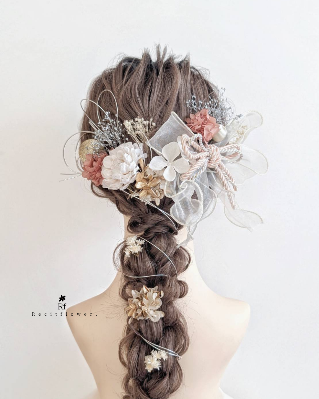 淡色ピンクの髪飾り 成人式 卒業式 結婚式 七五三 ドライフラワー 髪飾り 白 ゴールド  RC224