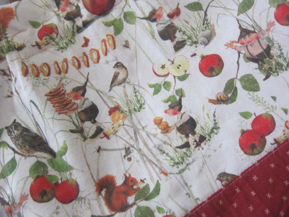 ドイツ生地　訳あり　秋の実り　りんご　小人森の動物たち　りす　梟　カタツムリ　巾着ポーチ　巾着バッグ　マッシュルーム 3枚目の画像