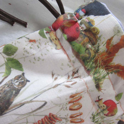 ドイツ生地　訳あり　秋の実り　りんご　小人森の動物たち　りす　梟　カタツムリ　巾着ポーチ　巾着バッグ　マッシュルーム 2枚目の画像