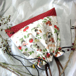 ドイツ生地　訳あり　秋の実り　りんご　小人森の動物たち　りす　梟　カタツムリ　巾着ポーチ　巾着バッグ　マッシュルーム 1枚目の画像