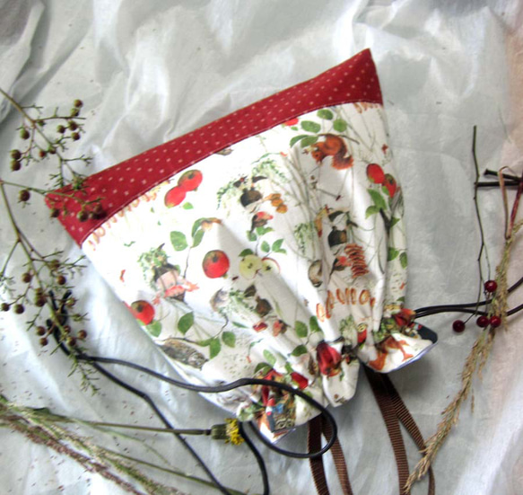 ドイツ生地　訳あり　秋の実り　りんご　小人森の動物たち　りす　梟　カタツムリ　巾着ポーチ　巾着バッグ　マッシュルーム 1枚目の画像