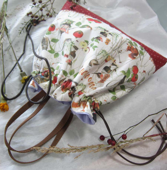 ドイツ生地　　秋の実り　りんご　小人　森の動物たち　りす　梟　カタツムリ　巾着ポーチ　巾着バッグ　マッシュルーム 4枚目の画像