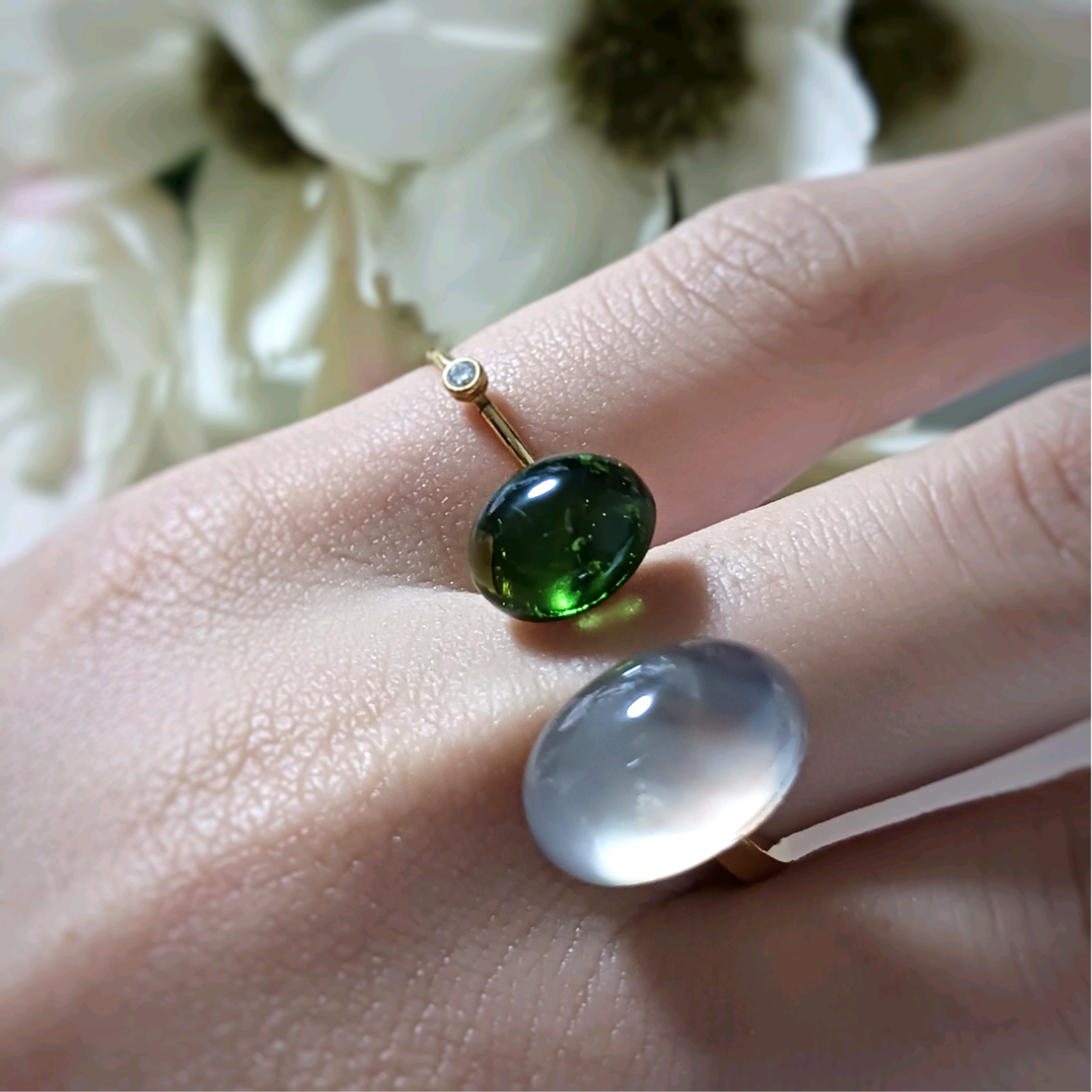 天然石フォークリング　グリーンカラーアンバー　琥珀　スモーキークォーツ　シェル　フリーサイズ　天然石リング　指輪 4,465円