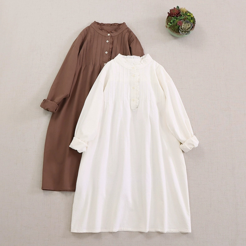 【可愛い秋のコットンワンピース★ラウンドネック】カジュアル│ボタン止め│ピンタック│落ち着いた色│O-116LB
