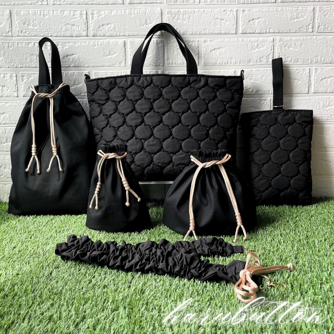 ◆ぽこぽこヌビ&パラコードアクセサリー　入園入学5点セット+くしゅくしゅショルダー紐　6点セット　(ブラック×ゴールド)