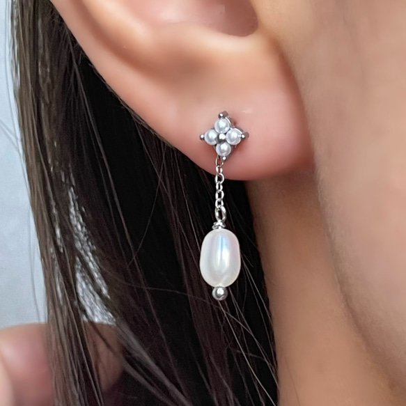 つけっぱなし♡OK! 四つ葉 フラワー パール ピアス/金属アレルギー対応 サージカルステンレス 12枚目の画像