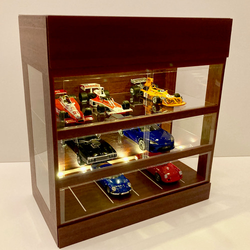 1/43展示15台可能・マホガニー・3層式ディスプレーBOX / LED照明