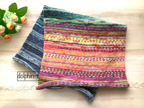 オパール毛糸とソックヤーンの腹巻き帽子　スヌード　ネックウォーマー　手編み　#10 1枚目の画像