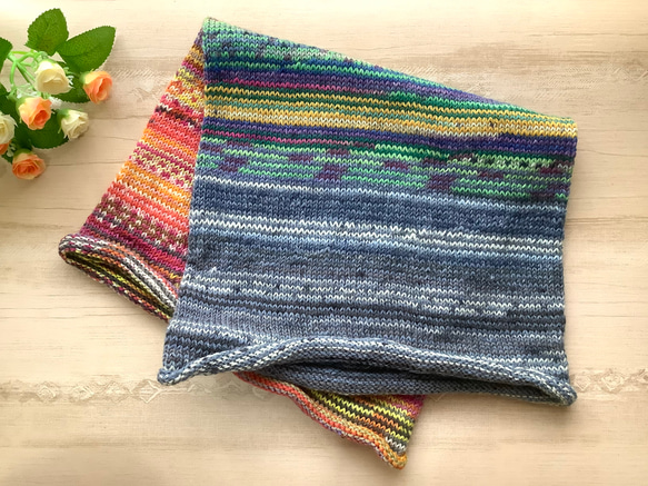 オパール毛糸とソックヤーンの腹巻き帽子　スヌード　ネックウォーマー　手編み　#10 2枚目の画像