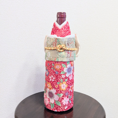 ボトル着物 赤桜 金色帯 ワインボトルカバー その他インテリア雑貨