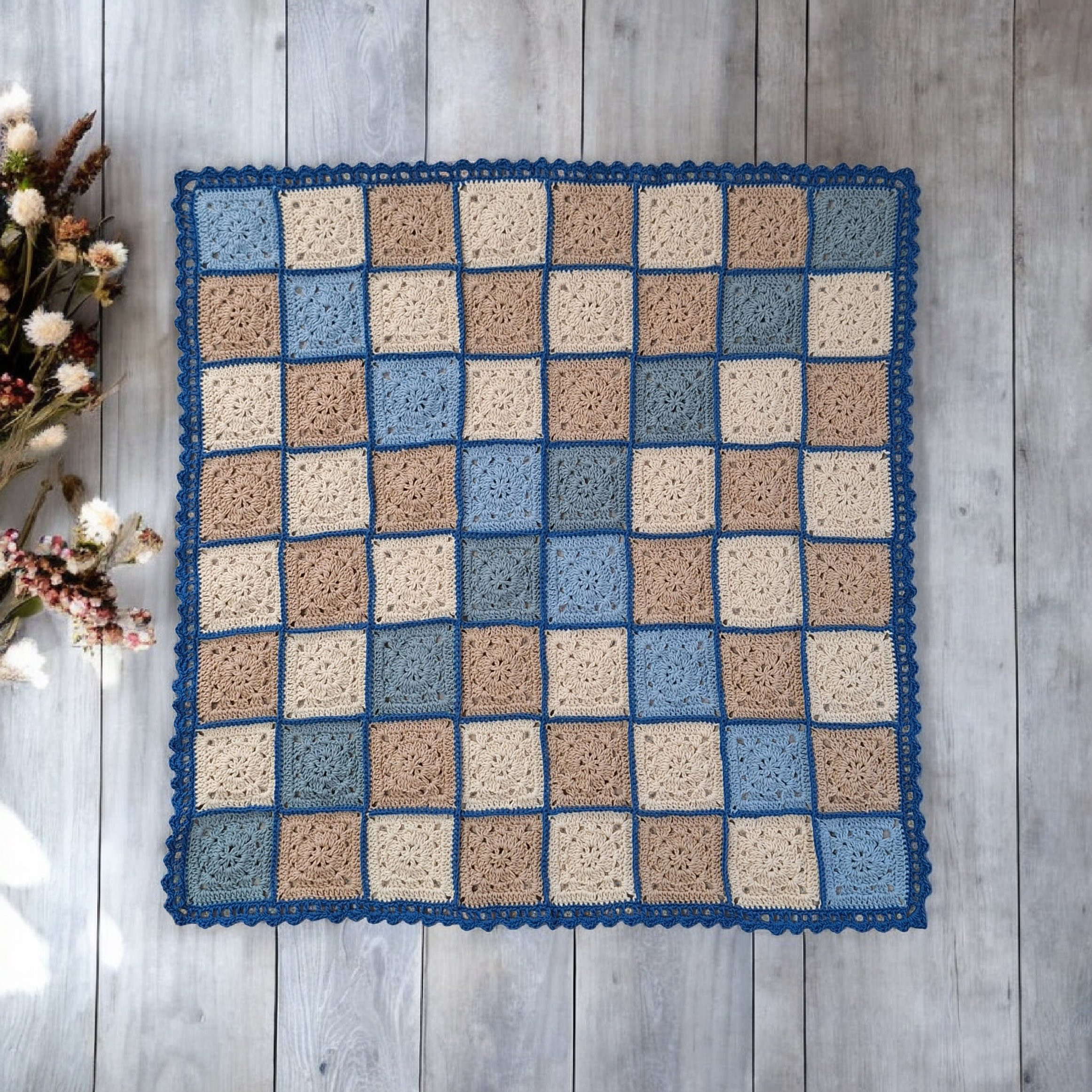 シーグラス 手編みブランケット：海・ブルー・ブラウン・爽やか・かぎ針編み・一点物・おくるみ・ギフト