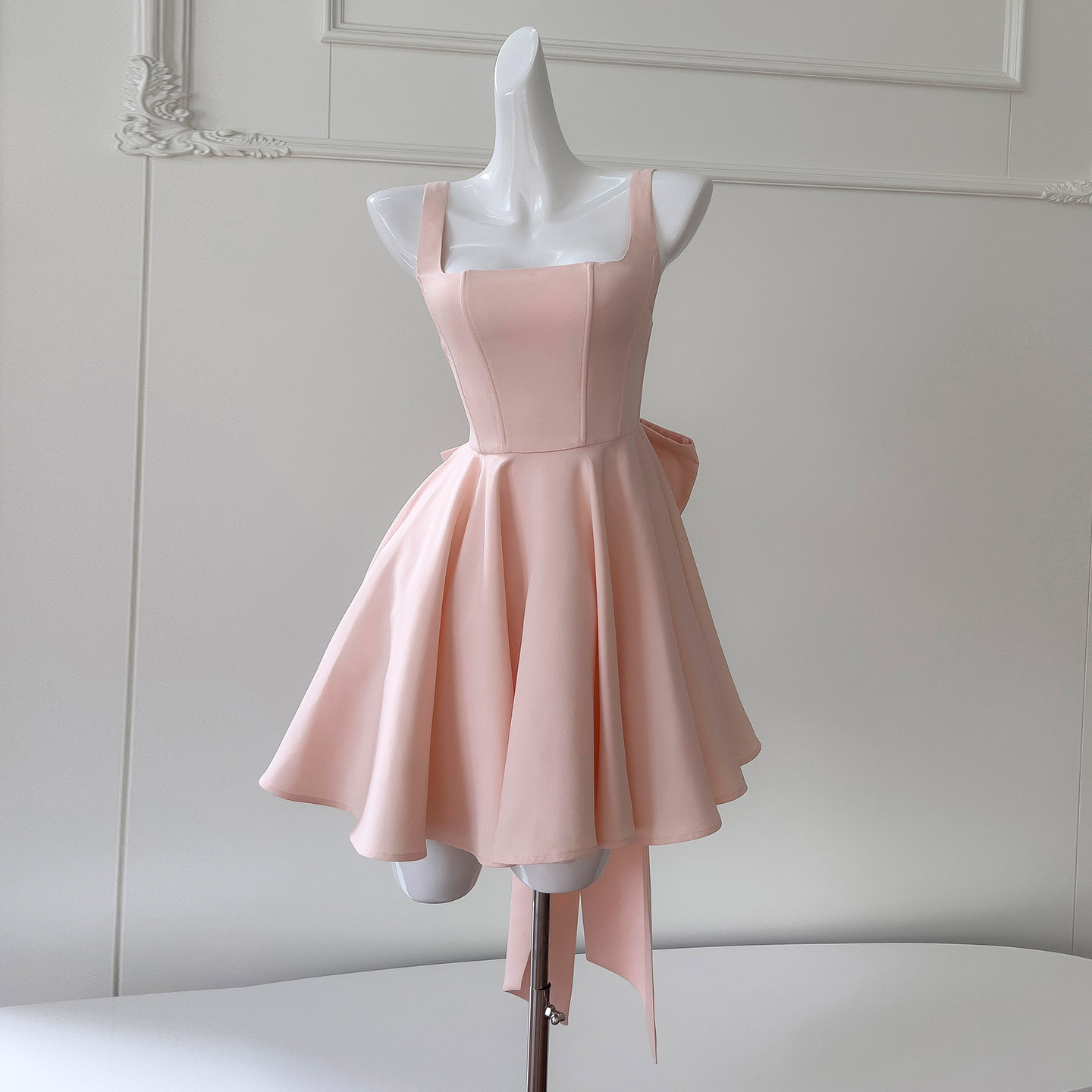 カラードレス パーティー ウェディング ピンク ショート丈 リボン 可愛い上品 韓国風 二次会 お呼ばれ 69421