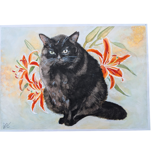 百合と黒猫 水彩画 絵画 ぽこりん 通販 19937579｜Creema(クリーマ