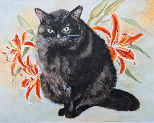 百合と黒猫 水彩画 絵画 ぽこりん 通販 19937579｜Creema(クリーマ