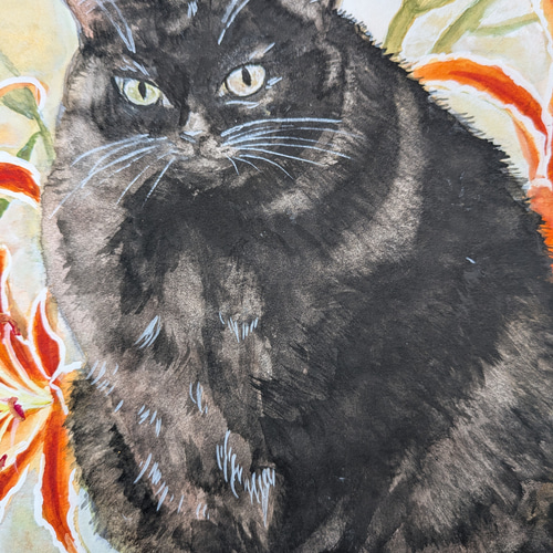 百合と黒猫 水彩画 絵画 ぽこりん 通販 19937579｜Creema(クリーマ