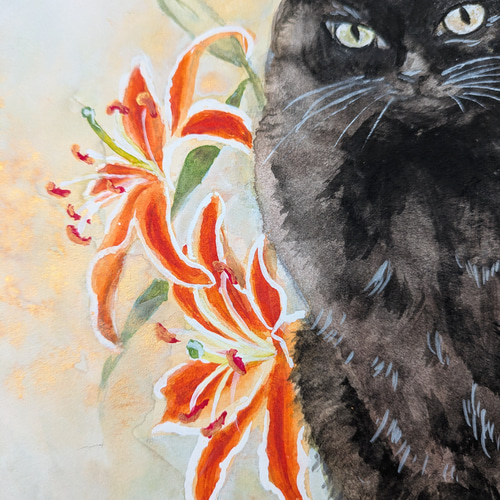 百合と黒猫 水彩画 絵画 ぽこりん 通販 19937579｜Creema(クリーマ