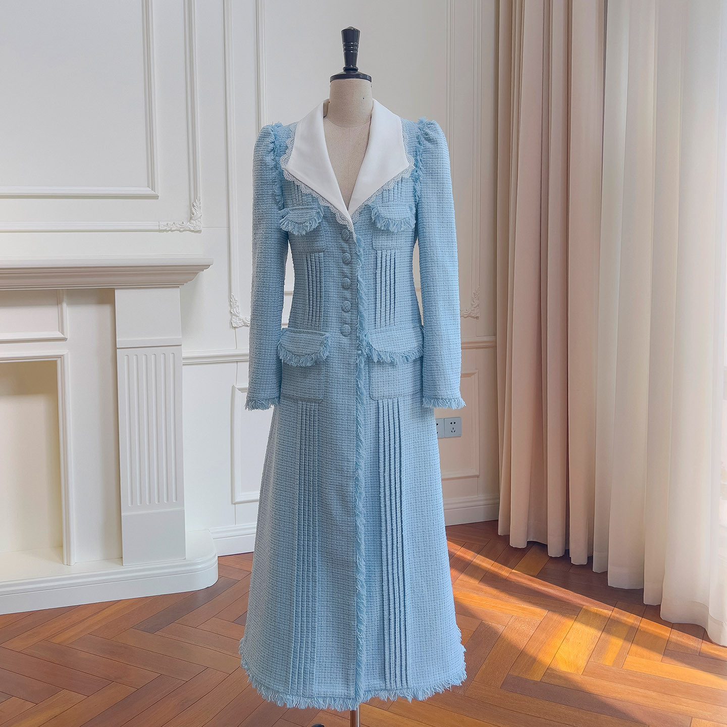 秋冬 ツイードジャケット アウター ウェディングドレス 青 ロングコート 上品 韓国風 91615