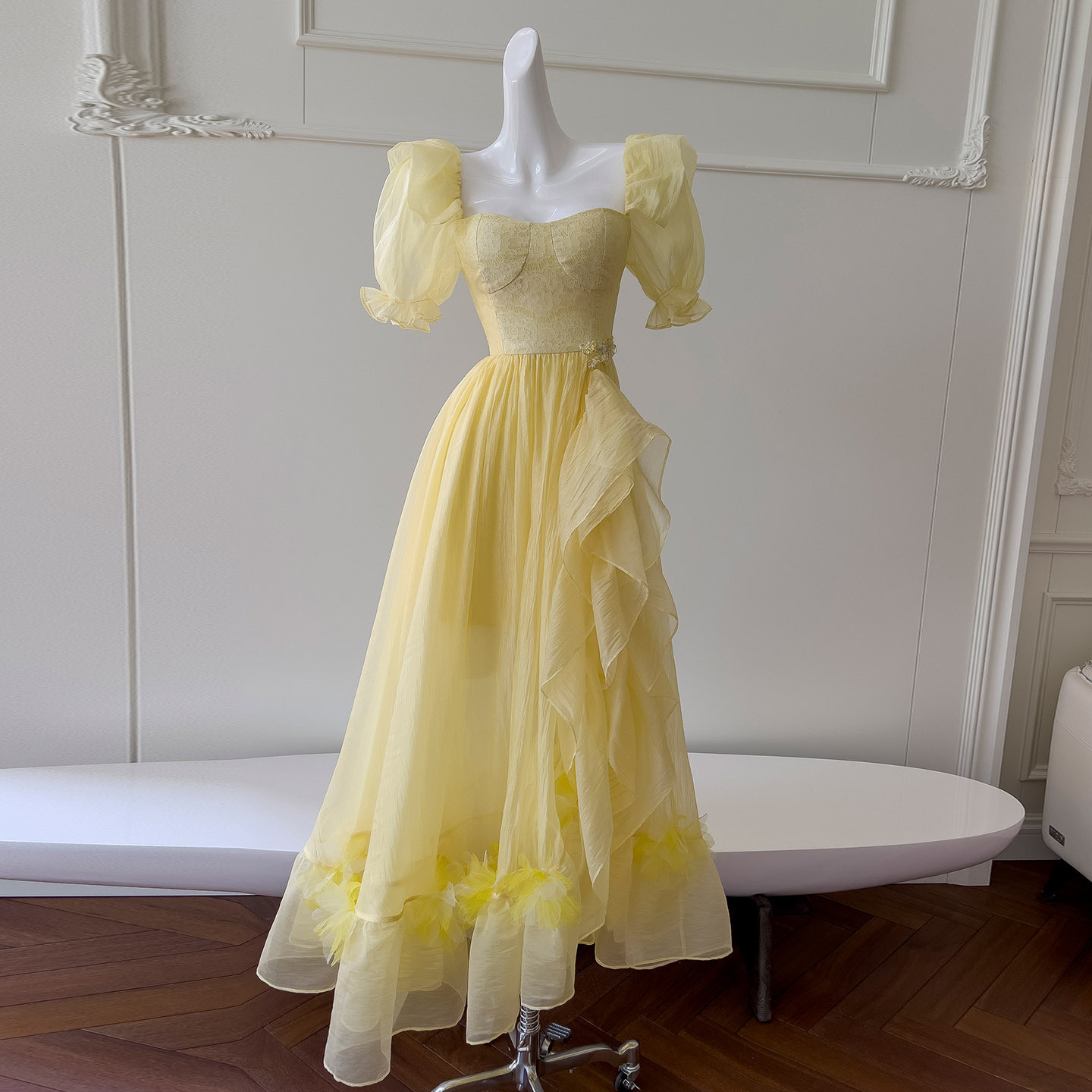 カラードレス パーティー ウェディング 黄色 ロング お出かけ フリル可愛い 上品 韓国風 二次会 お呼ばれ 69207