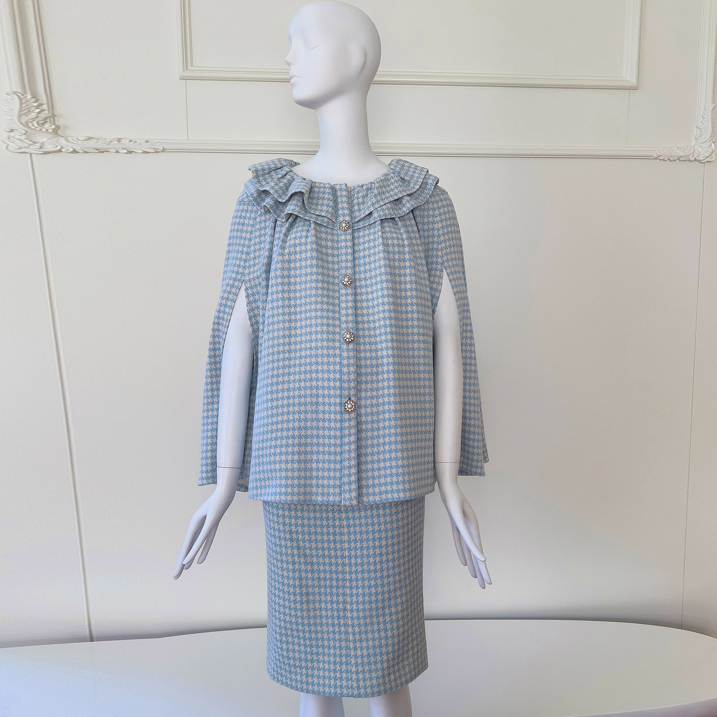 ツイード上下セット 秋冬 ウェディングドレス パーティー 青 ピンク 肩掛け 上品 韓国風 二次会 お呼ばれ 71497