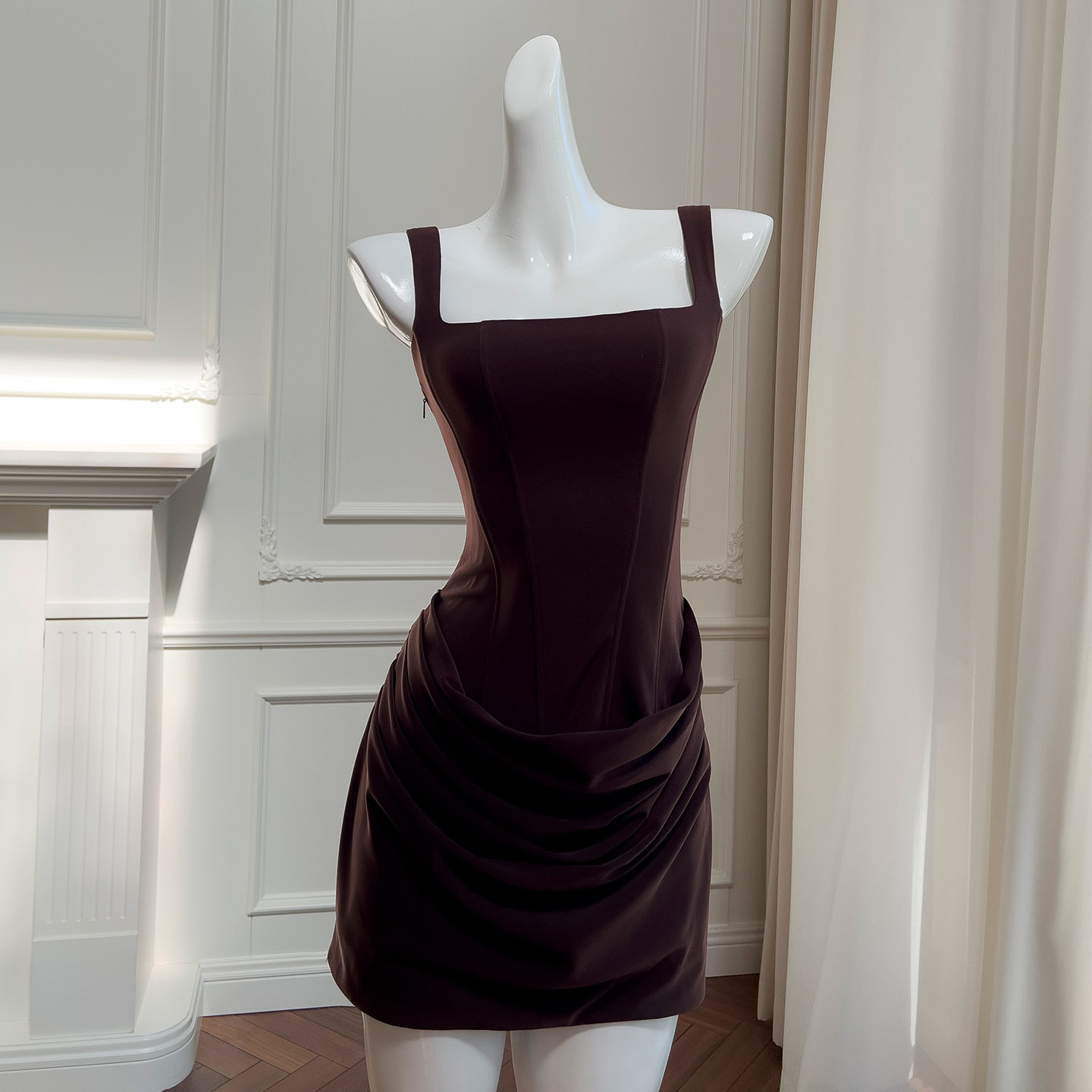 ギャル コーヒー色 ウェディングドレス パーティー ノースリーブ ショート丈 上品 韓国風 二次会 お呼ばれ 69417