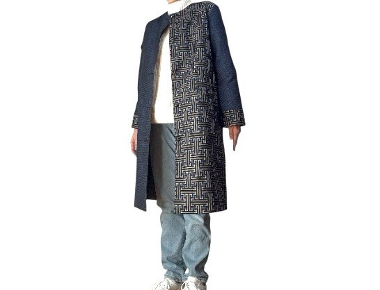 アンティーク大島紬のノーカラーコート　リバーシブル　パッチワーク　青秋名バラ　着物リメイク 28,457円