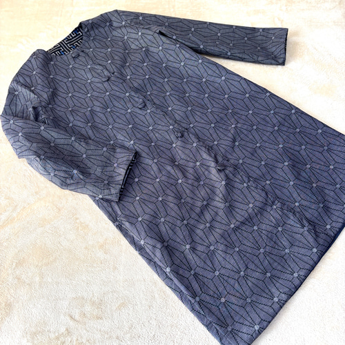 アンティーク大島紬のノーカラーコート リバーシブル パッチワーク 青