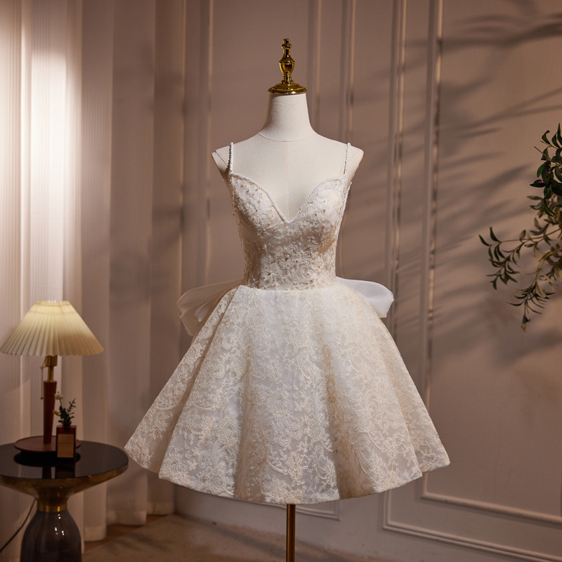 白 レース ショート丈 可愛い 綺麗 プリンセス パーティードレス 二次会 ウェディングドレス LJ-633