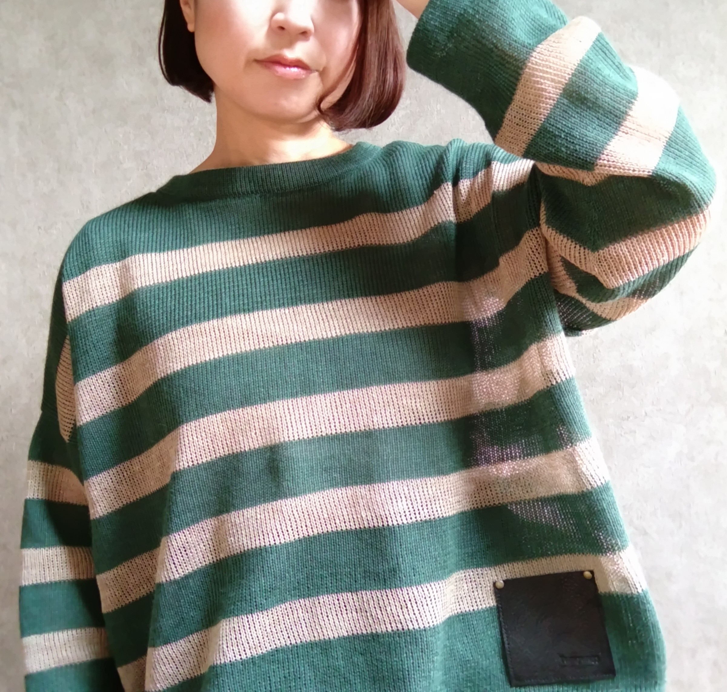 リネンニット ボーダー    /  緑 × ベージュ  麻　美シルエット トップス