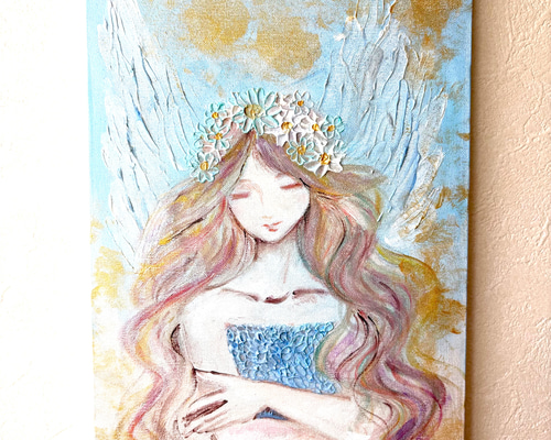 花束と天使のアクリル画 原画　癒しのインテリア テクスチャーアート 花束と天使のアクリル画 原画 癒しのインテリア テクスチャーアート