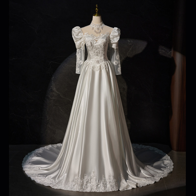 白 サテン オフショルダー ロング プリンセス パーティードレス 二次会 ウェディングドレス お呼ばれ LJ-623