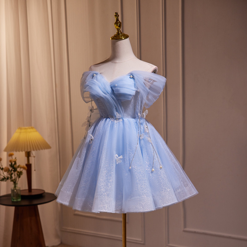 青 オフショルダー きらきら ショート丈 可愛い プリンセス パーティードレス 二次会 ウェディングドレス LJ-624