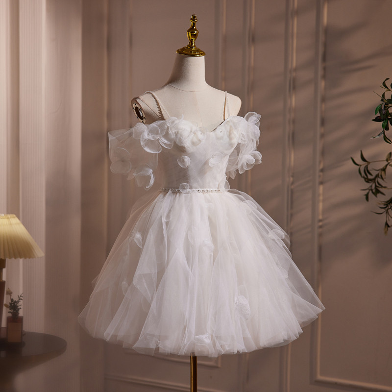 白 ふわふわ 立体花 ショート丈 可愛い 綺麗 プリンセス パーティードレス 二次会 ウェディングドレス LJ-632