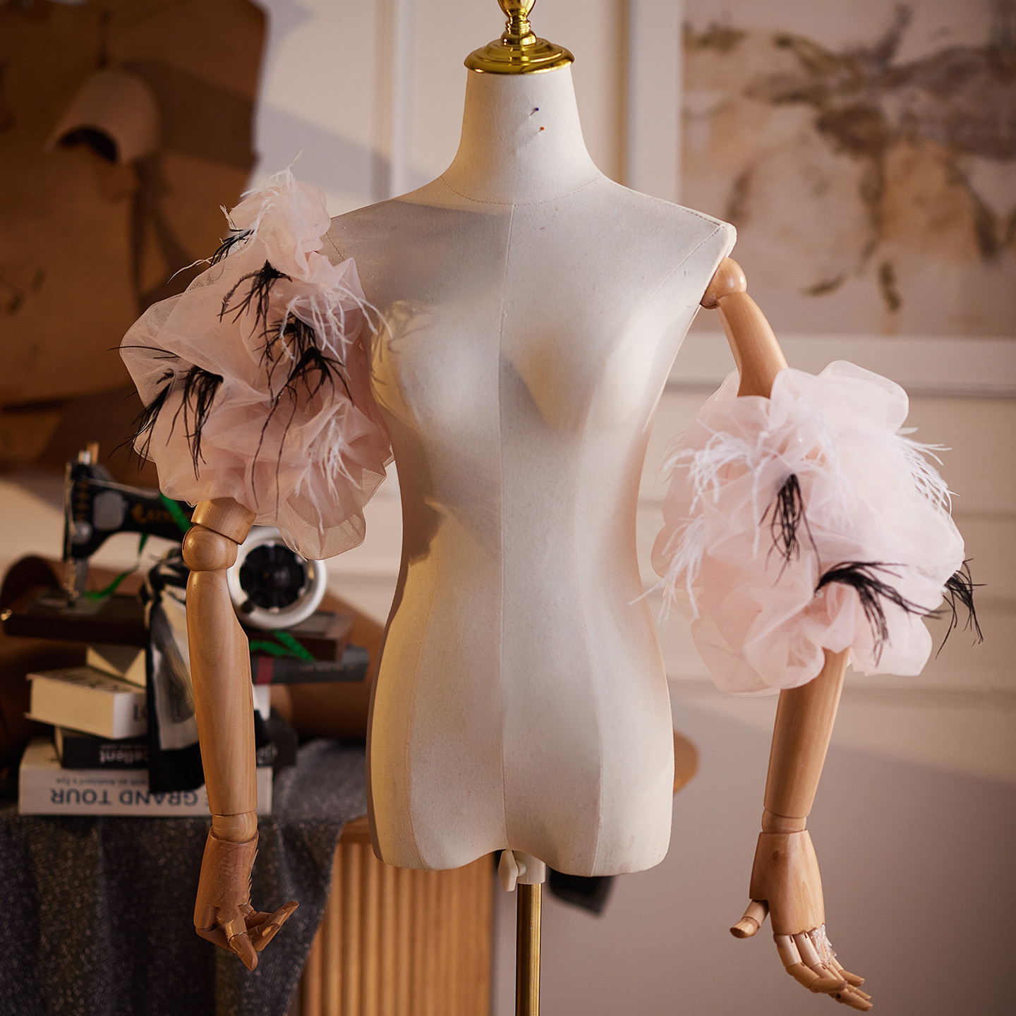 パフスリーブ ピンク 綺麗 DIY 袖カバー 取り外し袖 アクセサリー ウェディングドレス DTY503