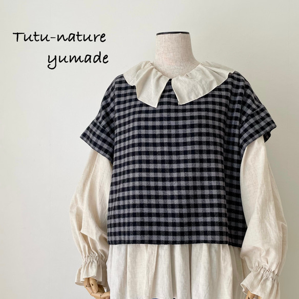 □新作秋冬用ウールギンガムチェックワイドゆったりベスト★フリーサイズ/グレーブラック／重ね着 1枚目の画像