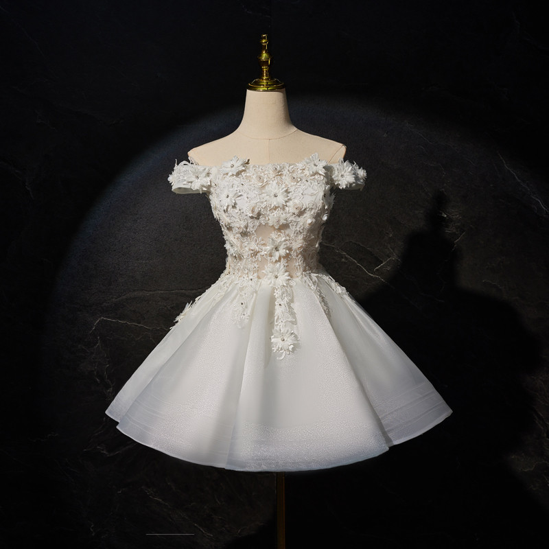 白 オフショルダー ショート丈 可愛い 綺麗 プリンセス パーティードレス 二次会 ウェディングドレス LJ-619