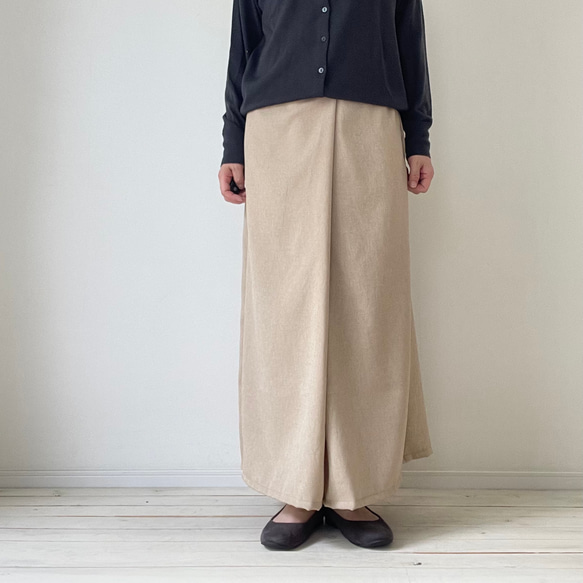 □再販リネンライクナチュラルワッシャーロングワイドパンツ　フラックス★ポケット付  丈調節可能　吸水、速乾、イージーケア 2枚目の画像