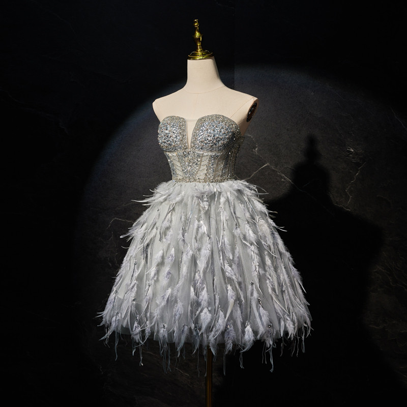 グレー オフショルダー ショート丈 可愛い 綺麗 プリンセス パーティードレス 二次会 ウェディングドレス LJ-618