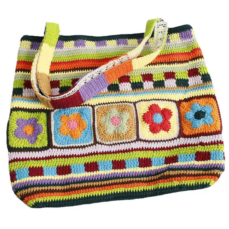 手作り 毛糸 刺繍 かぎ針編み ニート ショルダーバッグ トートバッグ【花柄｜ストライプと幾何学の融合】1点