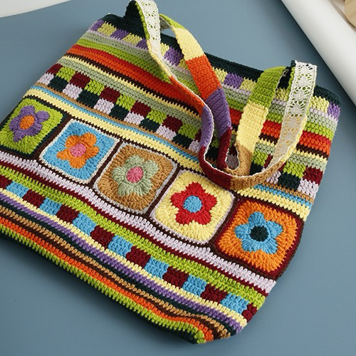 手作り 毛糸 刺繍 かぎ針編み ニート ショルダーバッグ トートバッグ