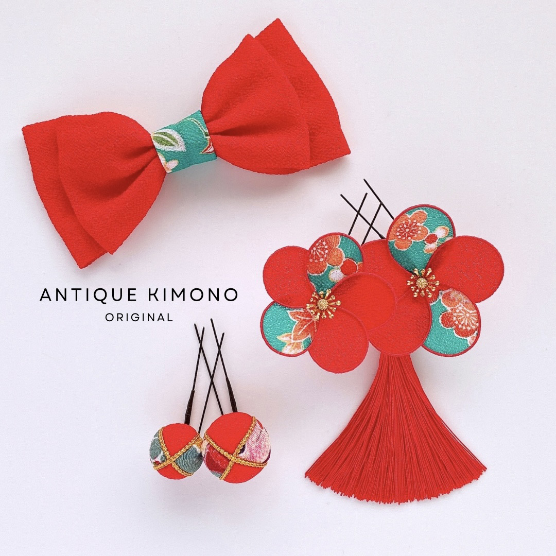 七五三髪飾り 振袖ヘア 成人式前撮り 卒業式 袴 アンティーク着物柄 布花 お正月 タッセル リボン 和玉 鮮やかな赤 7,410円
