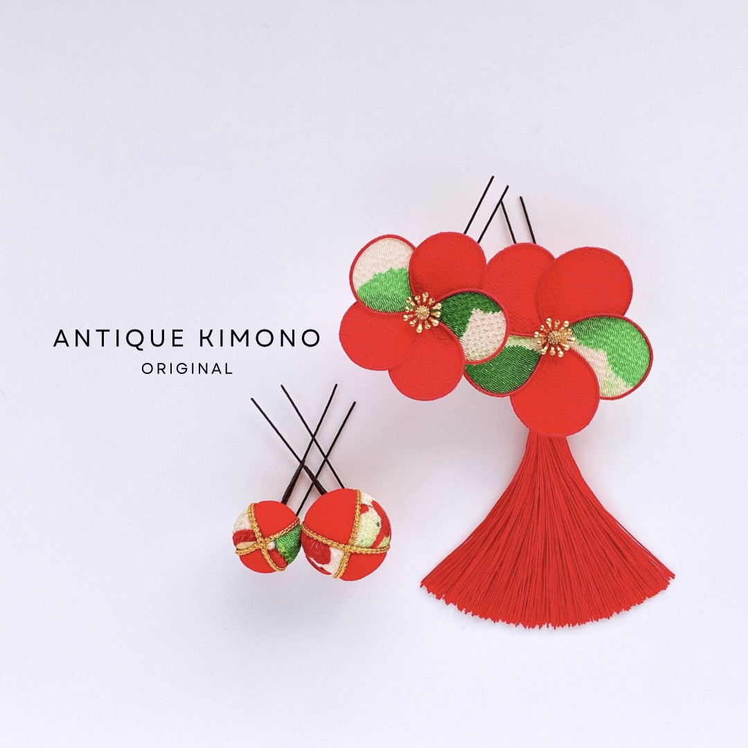 七五三髪飾り 振袖ヘア 成人式前撮り 卒業式 袴 アンティーク着物柄 お正月フォト 布花 タッセル 和玉 鮮やかな赤