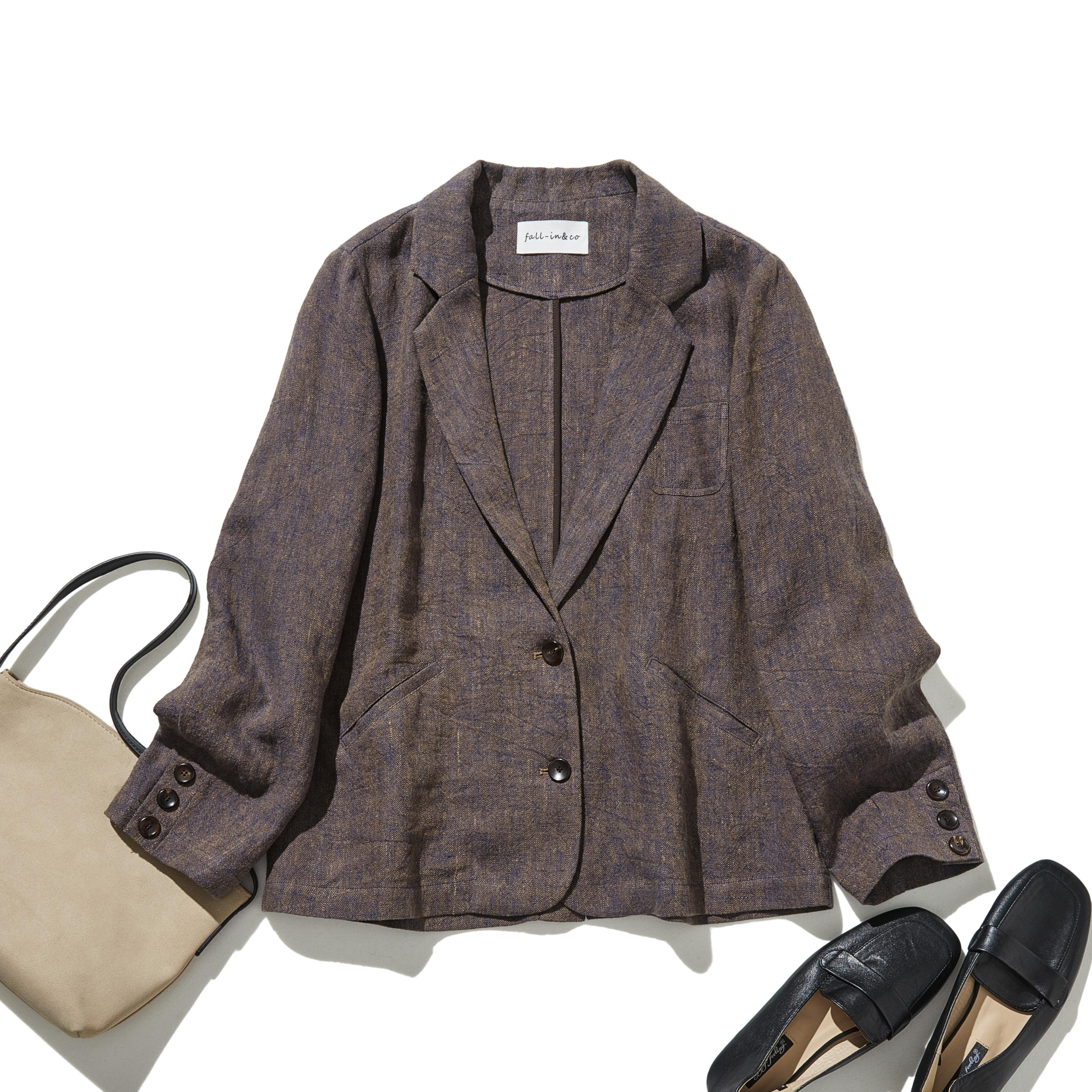 一枚あると、心強いリネン100％のテーラードジャケット　アウター　茶褐色　251005-1