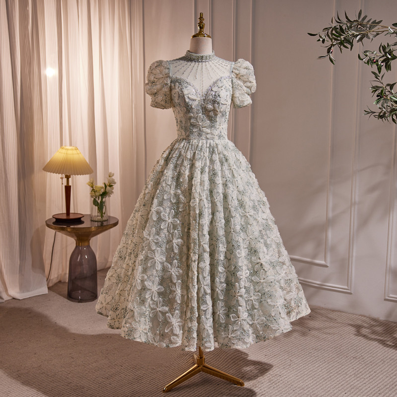 薄緑 半袖 立体花 可愛い 綺麗 プリンセス パーティードレス 二次会 ウェディングドレス LJ-610